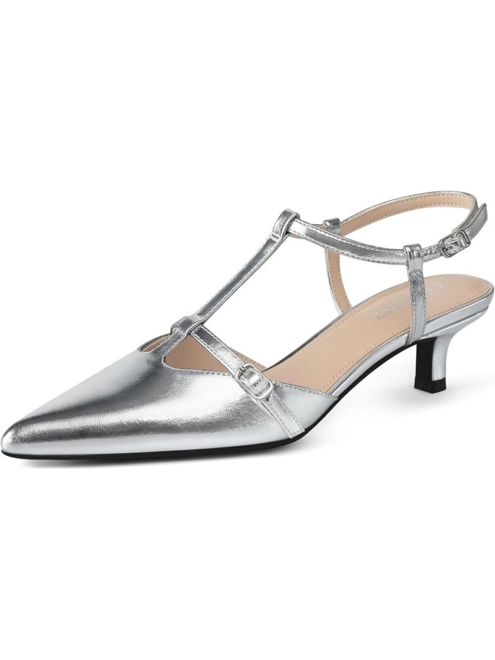 Women's Silver Low Heel Pumps 2 Inch Kitten Heels Ankle Strappy Slingback Pumps